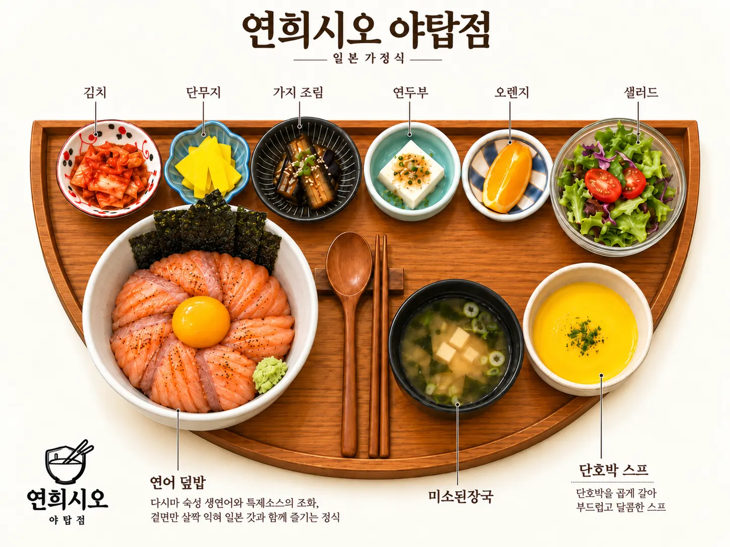 두툼한 연어와 달걀노른자를 올린 사케동(연어덮밥) 정식